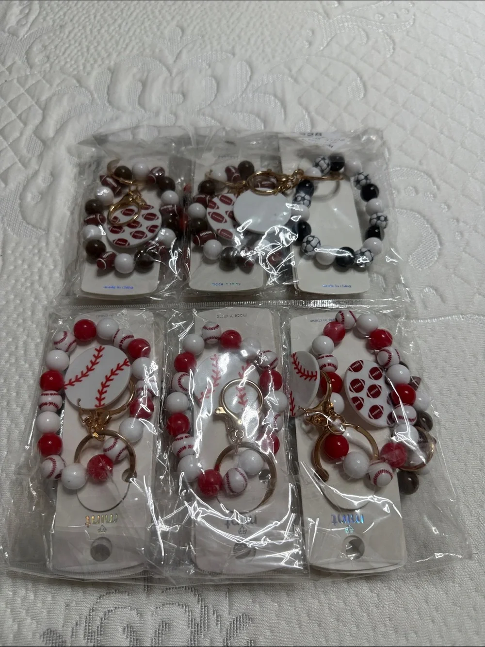 Set of 12 Sports Beaded Keychain Bracelet - Basketball Soccer, Football Baseball